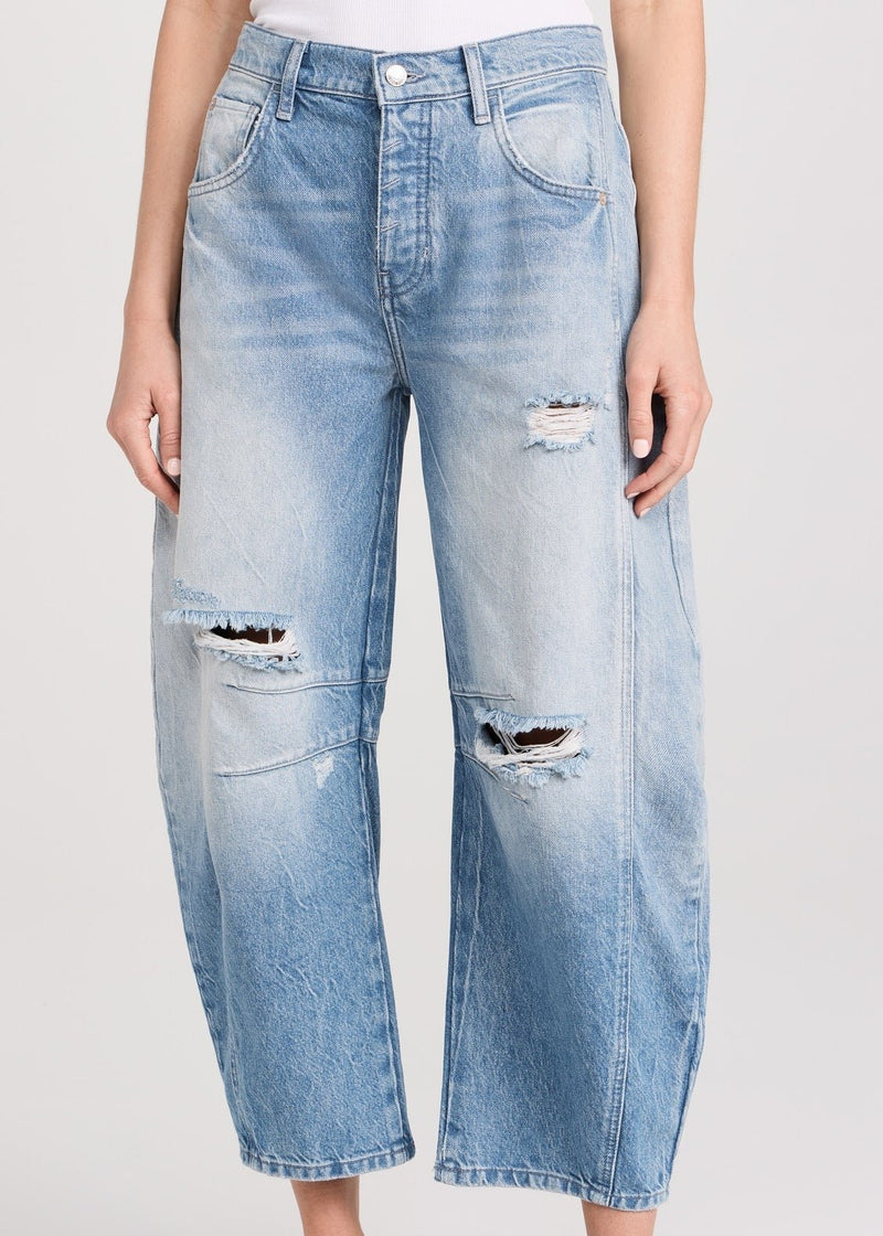 Free People We The Free Good Luck Mid-Rise Barrel Jeans Barnyard Blue in stock at Guanabana Boutique Darby Street, Newcastle.